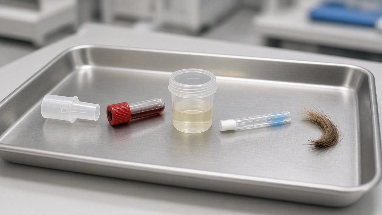 How long does alcohol stay in urine, blood, breath, saliva, and hair — sample containers on a clinical tray