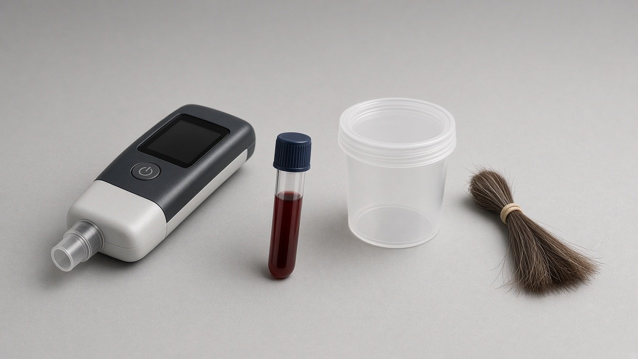 EtG vs breathalyzer vs blood vs hair tools arranged on a lab bench