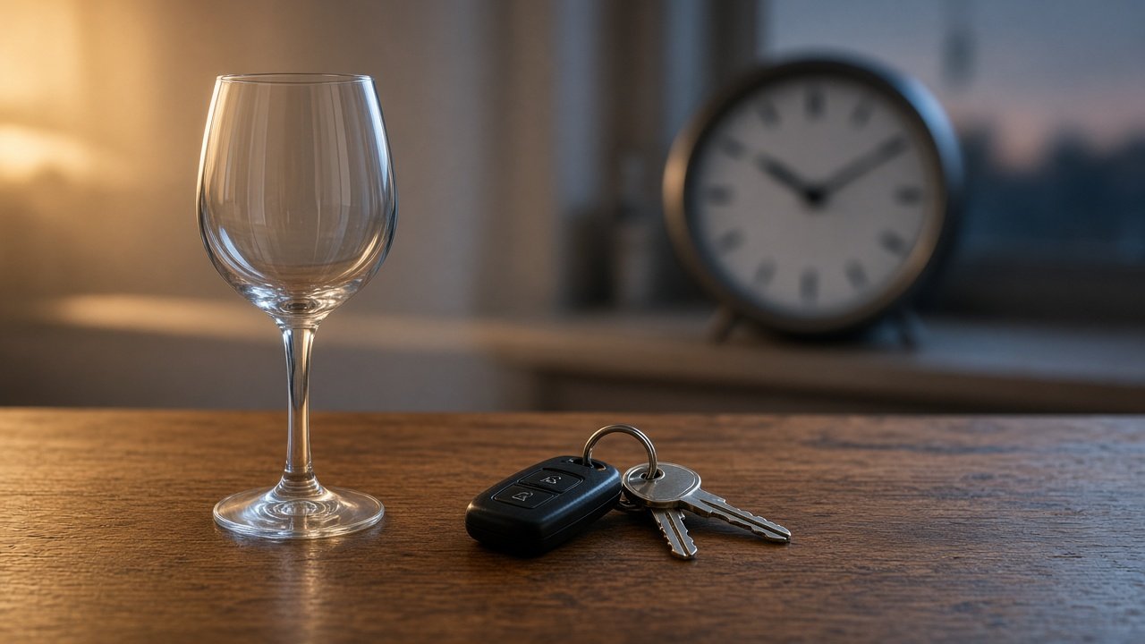 Wine glass and car keys with a clock showing blood alcohol changing hour by hour