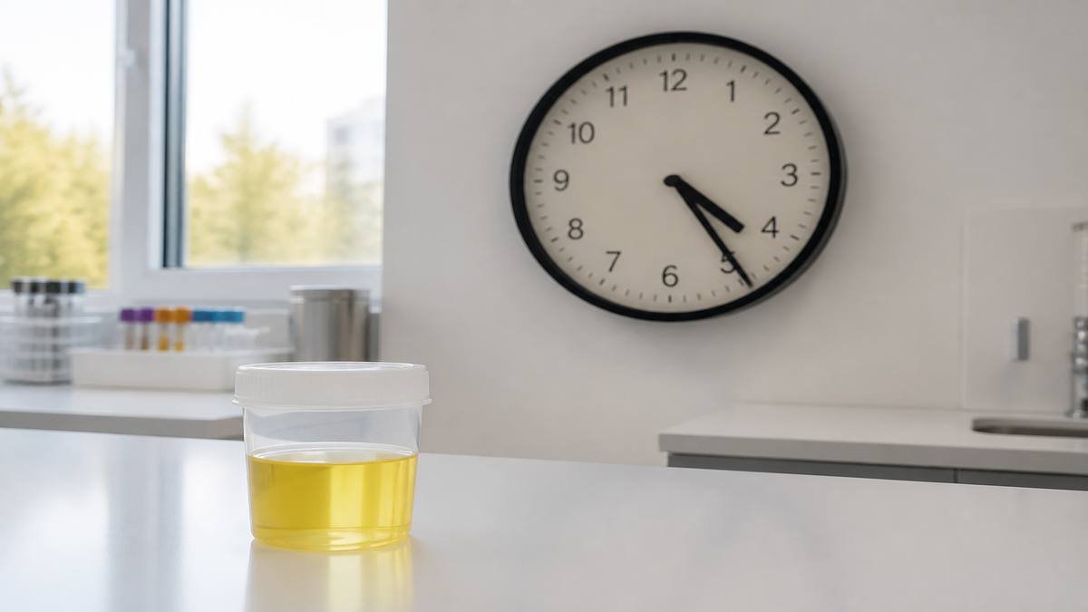 Urine cup and lab clock showing whether you can pass EtG test in 48 hours