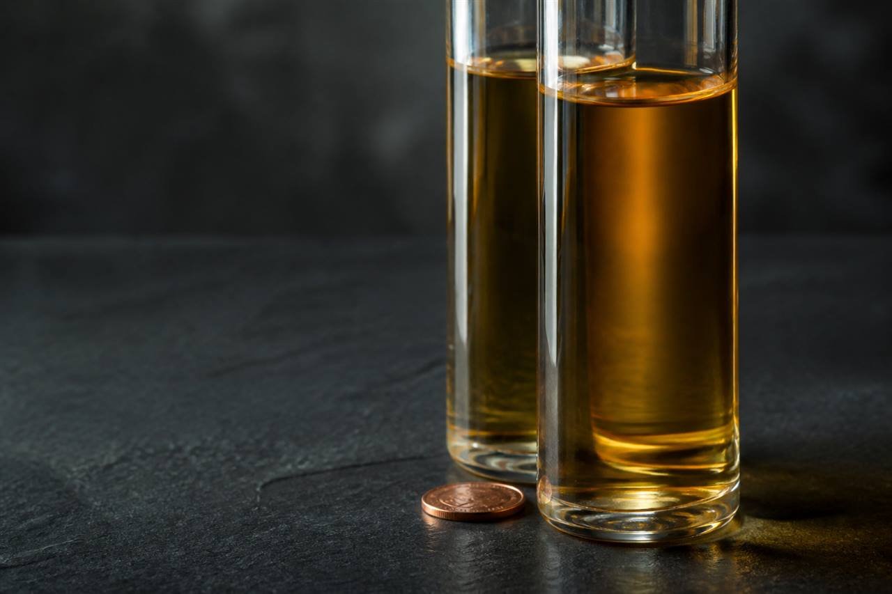Two overlapping amber cylinders illustrating leftover EtG stacking across sessions