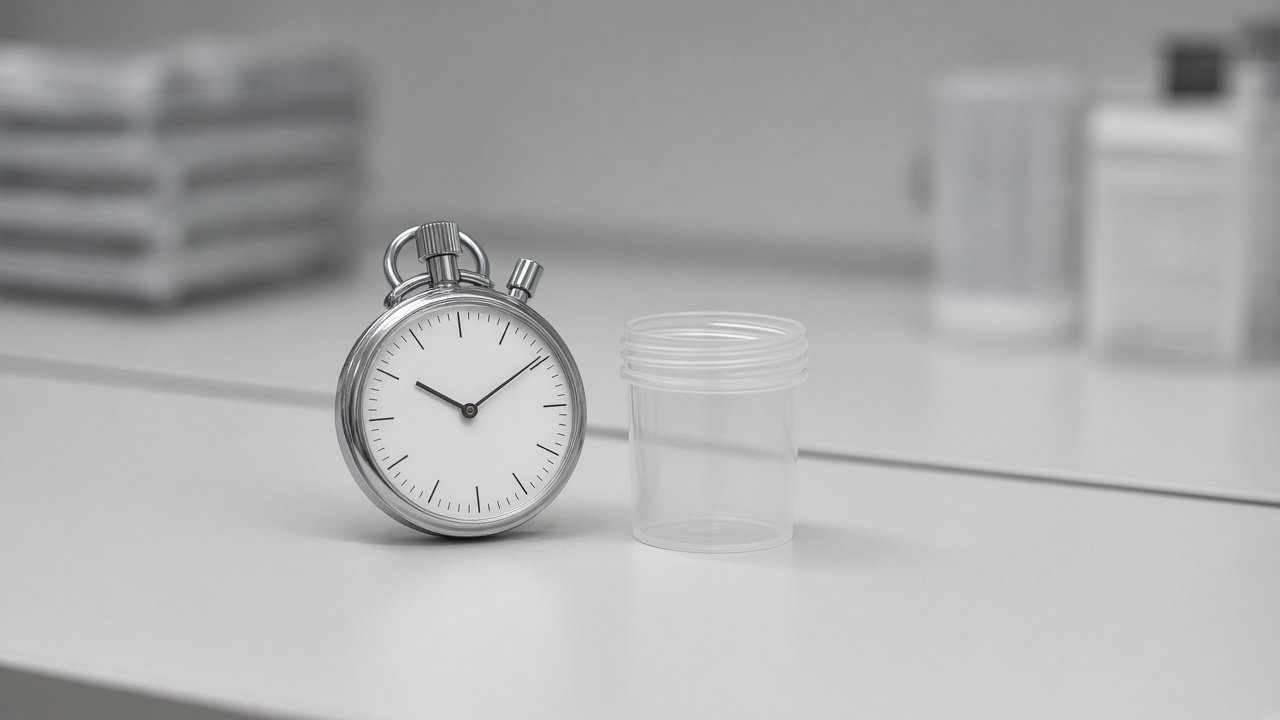 EtG detection time chart: stopwatch beside a urine specimen cup