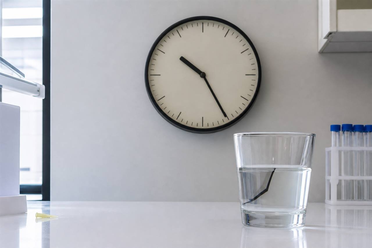 Lab clock in water representing ETG half life decay in urine