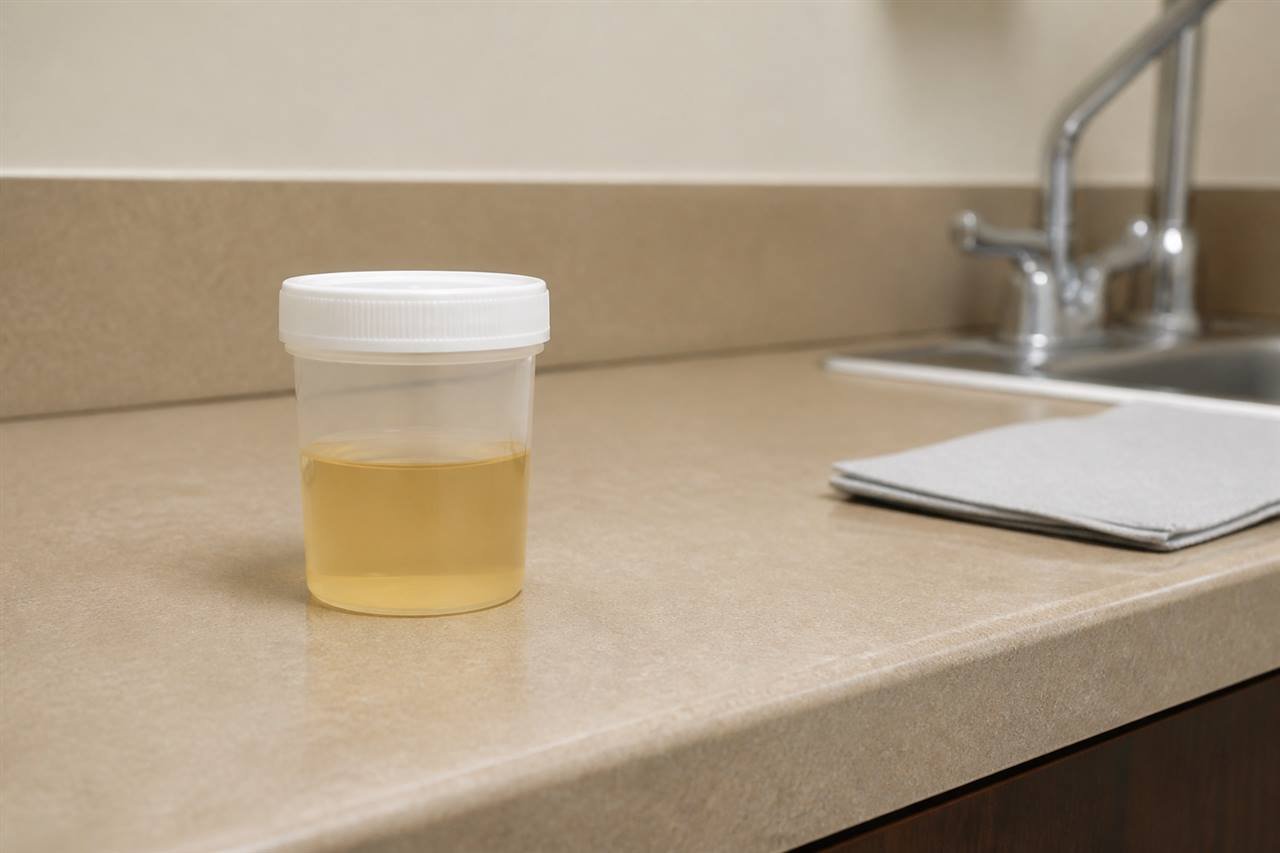 Urine specimen cup on a clinic counter for an EtG urine test