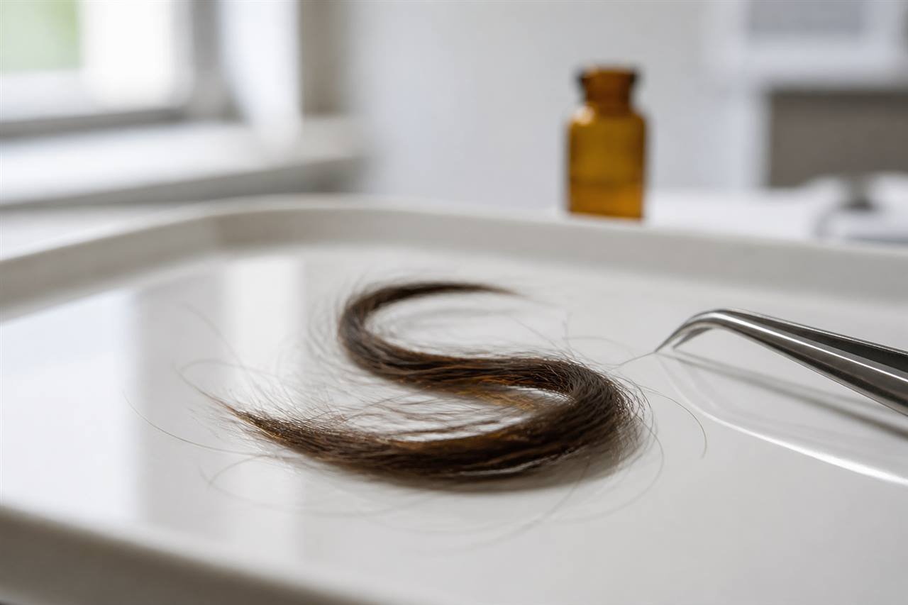 Hair sample on a clinical tray with tweezers for a hair follicle alcohol test