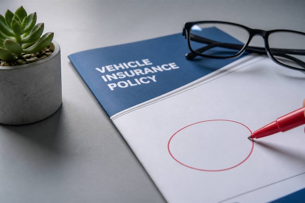 Insurance booklet and red pen representing surcharge review of a driving record