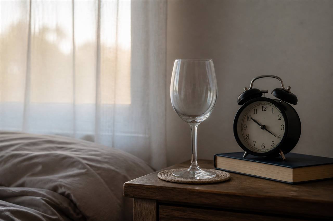 Empty wine glass beside a bedside clock showing how long to sober up after drinking